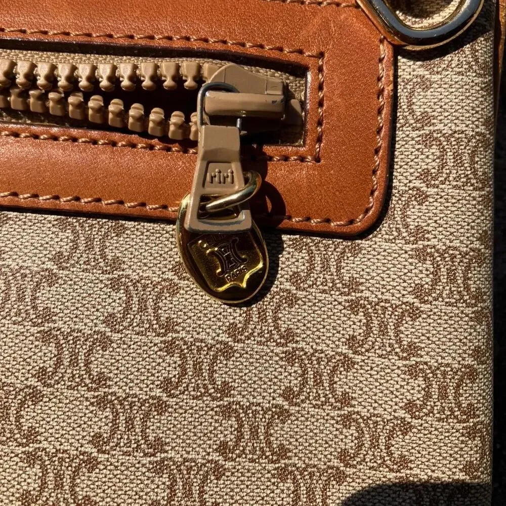Celine Beige & Brown Logo Canvas Fold-Over Clutch